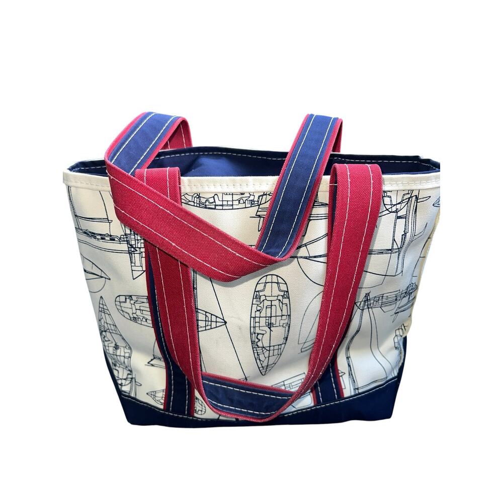 L.L. Bean Boat Tote canvas preppy Nautical Sailboat Print  red white blue VTG